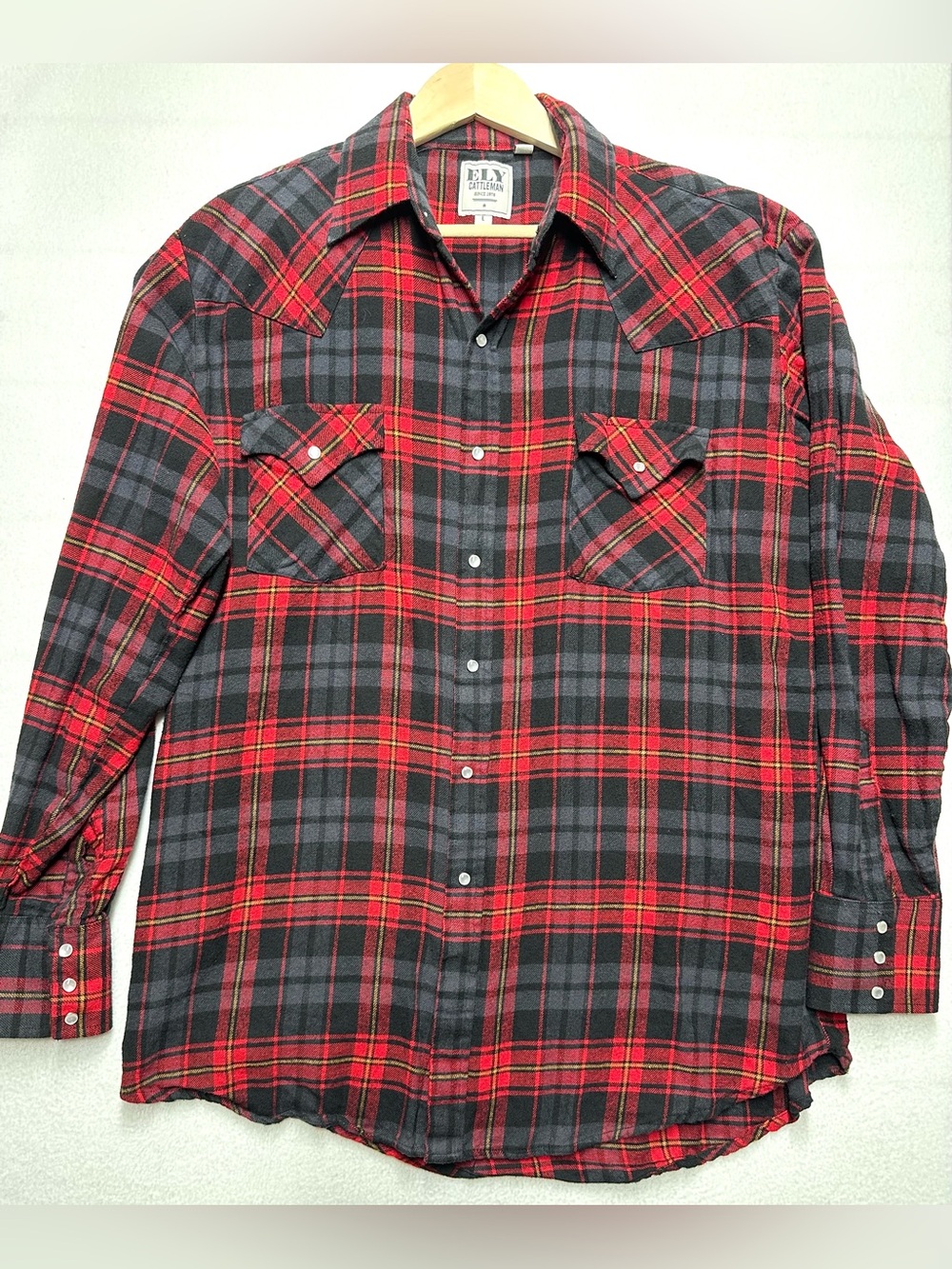 Ely Cattleman Men’s L Cotton Red Black Plaid Western Pearl Snap Flannel Shirt